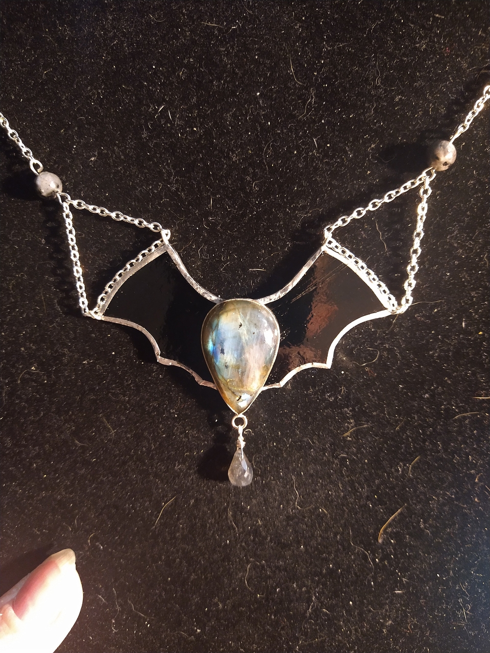 Labradorite Dark Green Stained Glass Bat Pendant Necklace